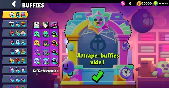 Menu Buffies: écran de tirage, icônes de Brawlers, bouton d’achat en gemmes, récompenses Buffies affichées.