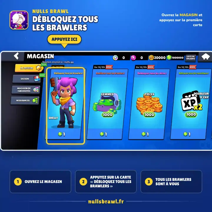 Null's Brawl avec le magasin permettant de débloquer tous les brawlers.