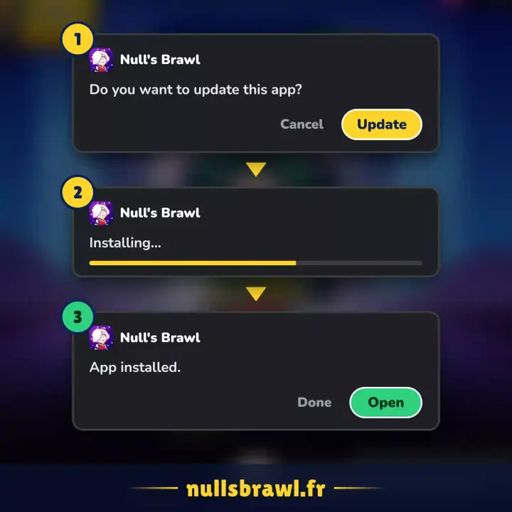 Guide de mise à jour avec captures d’écran "Update" puis "App installed".